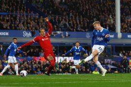 Everton&#039;s Jarrad Branthwaite scores their first goal [Lee Smith/Reuters]