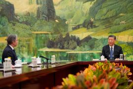 US Secretary of State Antony Blinken, left, talks with Chinese President Xi Jinping at the Great Hall of the People in Beijing on April 26, 2024 [Mark Schiefelbein/Pool via Reuters]