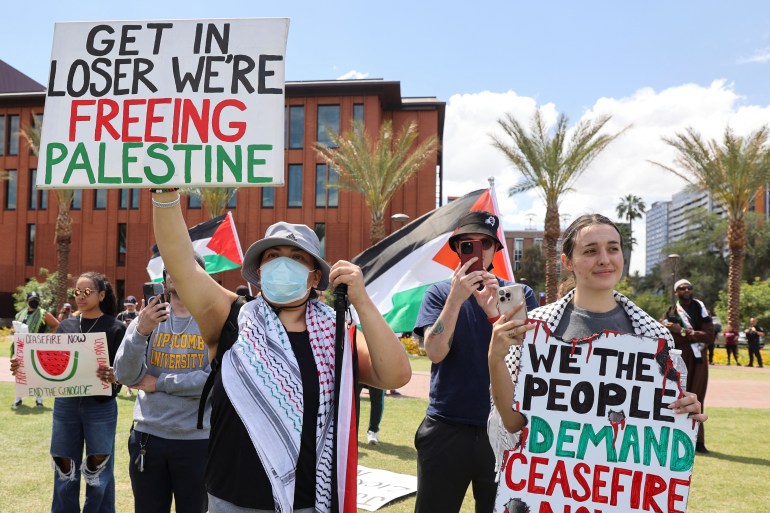 Studenten verzamelen zich voor een pro-Palestijns protest, te midden van het aanhoudende conflict tussen Israël en de Palestijnse islamitische groepering Hamas, aan de Arizona State University