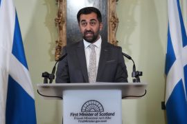 Scotland&#039;s First Minister Humza Yousaf speaks during a press conference at Bute House [Andrew Milligan/Reuters]