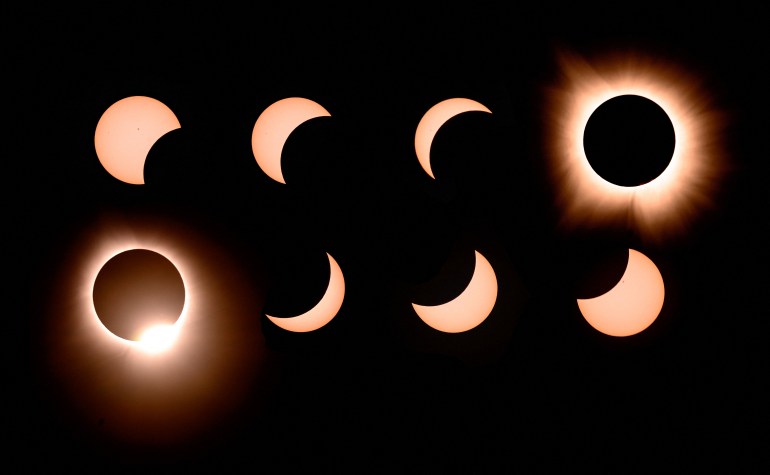 In this composite of eight photographs, the moon passes by the sun into totality and away again during a total solar eclipse