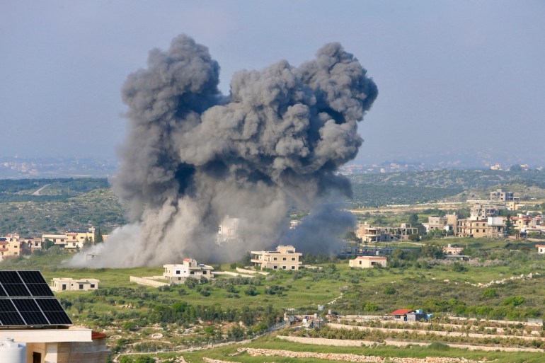 Smoke billows from the site of an Israeli airstrike on the southern Lebanese village of Majdel Zoun