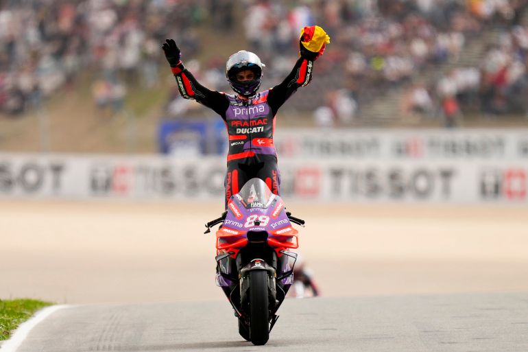MotoGP rider Jorge Martin of Spain celebrates after winning the Portuguese MotoGP