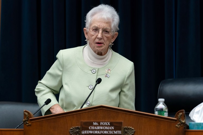 Virginia Foxx speaks from the podium at a congressional hearing.