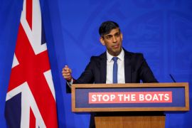 British Prime Minister Rishi Sunak speaks at a news conference at Downing Street, in London, on April 22, 2024. Sunak pledged that the country&rsquo;s first deportation flights to Rwanda could leave in 10 to 12 weeks [Toby Melville/AP Photo]