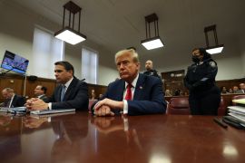 Republican presidential candidate and former President Donald Trump sits in Manhattan state court in New York, Monday, April 23, 2024 [Brendan McDermid/Pool Photo via AP]