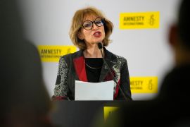 Secretary-General Agnes Callamard speaks at a news conference in London on Amnesty&#039;s annual report [Kirsty Wigglesworth/AP]