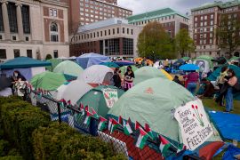 Student demonstrators gather in a tent camp on the campus of Columbia University in New York City on April 24 [Ted Shaffrey/AP Photo]