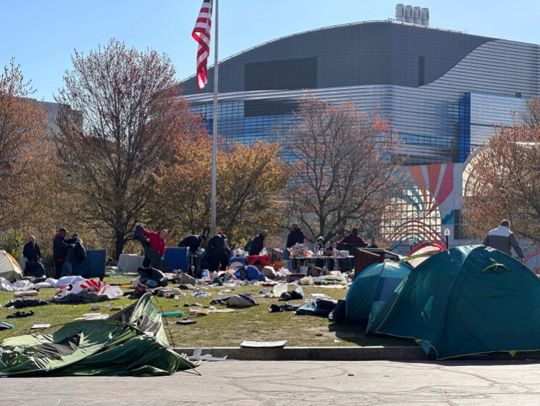 Police clear an encampment on the Northeastern University campus in Boston, early Saturday, April 27, 2024.