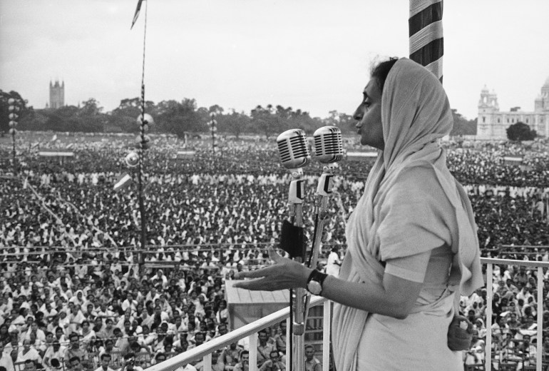The Prime Minister of India, Mrs. Indira Gandhi, addresses a rally in Calcutta, India on Oct. 22, 1969. This is part of a current campaign to persuade her countrymen to peacefully accept reforms leading to a democratic, socialist revolution. Mrs. Gandhi speaks extemporaneously for the most part. With no prepared speeches, she talks like a mother encouraging her children. (AP Photo/MB)