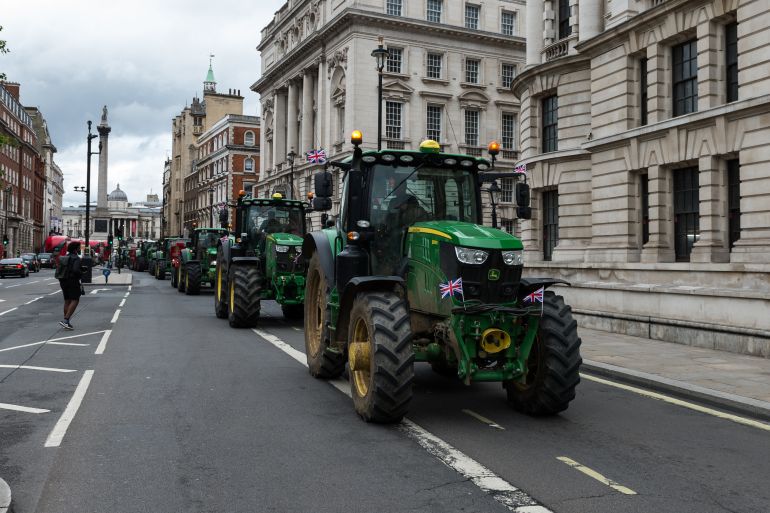Farmers from across England drive tractors, trucks and cars through central London in a protest against the Agriculture Bill on July 8, 2020