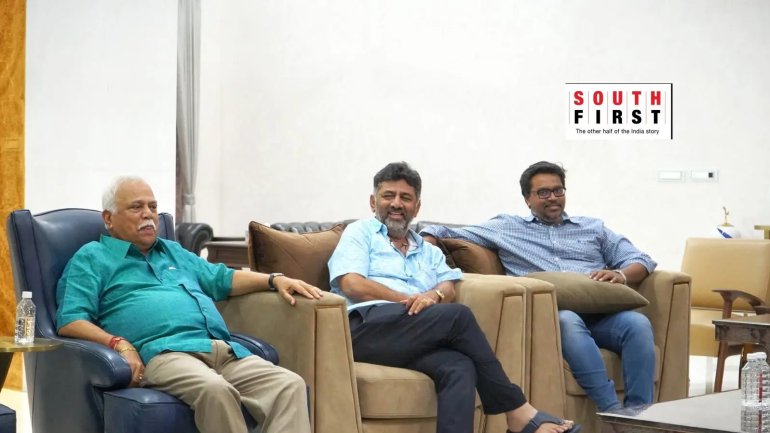 Sunil Kanugolu (right) seen here with Karnataka Deputy Chief Minister DK Shivakumar (centre). Kanugolu is credited with having masterminded the Congress party campaign that brought it back to power in the southern Indian state in 2023 [Photo from X]