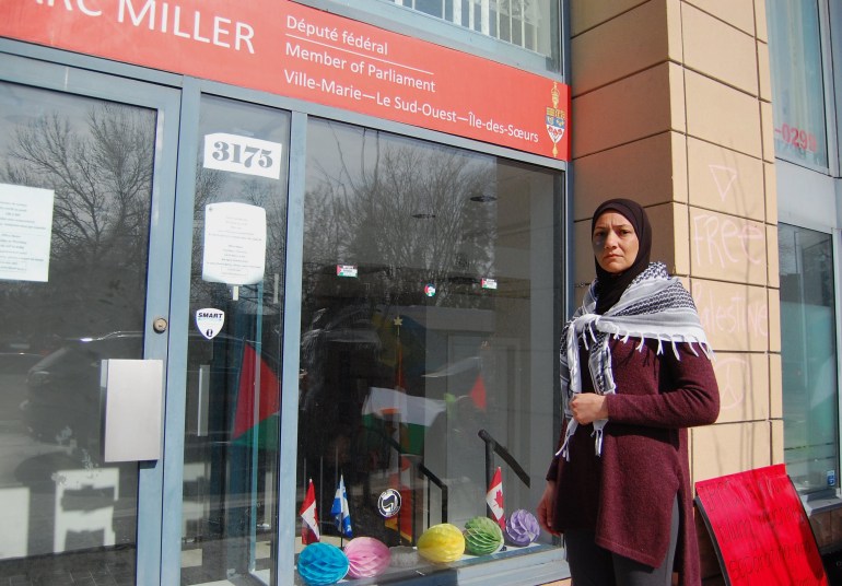 Samar Alkhdour stands in front of Canadian Immigration Minister Marc Miller's office in Montreal, March 29, 2024