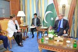 Pakistani prime minister Shehbaz Sharif held a meeting with IMF chief Kristalina Georgieva in Riyadh on Sunday. [Handout/Prime Minister&#039;s Office]