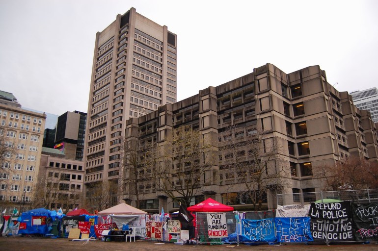 A view of the McGill University Gaza student protest camp in Montreal, Canada