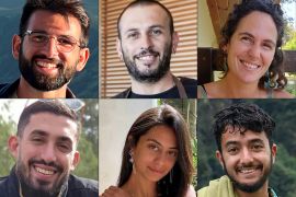 (COMBO) This combination of pictures created on September 01, 2024 shows undated portraits provided on September 1, 2024, by The Hostages Families Forum Headquarters, representing families of Israeli hostages held by Palestinian militants in Gaza, showing hostages (clockwork from top-L) Almog Sarusi, Alex Lubnov, Carmel Gat, Ori Danino, Eden Yerushalmi and Hersh Goldberg-Polin at unspecified locations. The Israeli military said on September 1 that it had found the bodies of six hostages in a tunnel in the southern Gaza Strip, including a US-Israeli and a Russian-Israeli. (Photo by the Hostages Families Forum Headquarters / AFP) /