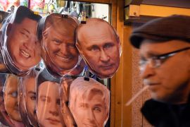 Matryoshka dolls featuring Trump’s face in Moscow along with those of others leaders.