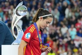 Spain&#039;s Aitana Bonmati with her runners-up medal after the women&#039;s Euro 2025 final [File: Martin Meissner/AP Photo]