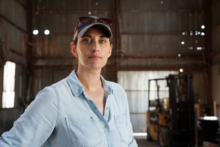 Democratic U.S. Senate candidate Hallie Shoffner, a sixth-generation farmer, poses for a photo at her family farm, which is no longer in operation, in Shoffner, Arkansas, U.S.