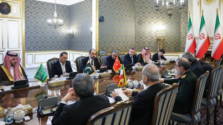 Iran's President Masoud Pezeshkian, Foreign Minister Abbas Araghchi, and National Security Council head Mohsen Rezaei meeting with Saudi Arabia's Defence Minister Prince Khalid bin Salman Al-Saud, Pakistan's army chief General Asim Munir, and Turkiye's intelligence chief Ibrahim Kalin.