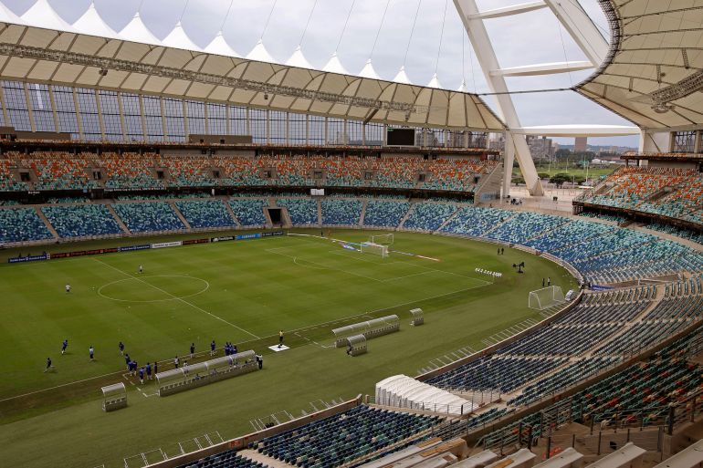 The Cape Verde football team practise at the Moses Mabhida Stadium match in Durban, before a match with their hosts South Africa