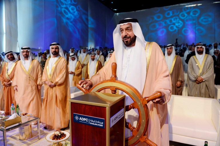 President of the United Arab Emirates Sheikh Khalifa bin Zayed bin Sultan Al Nahyan is seen at Khalifa Port during the official inauguration of the container terminal in Abu Dhabi