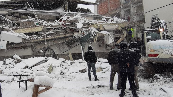 Snow in Adana, Turkey as rescueers search for people trapped under rubble