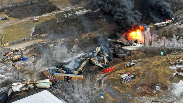 Drone photo shows train derailment in Ohio