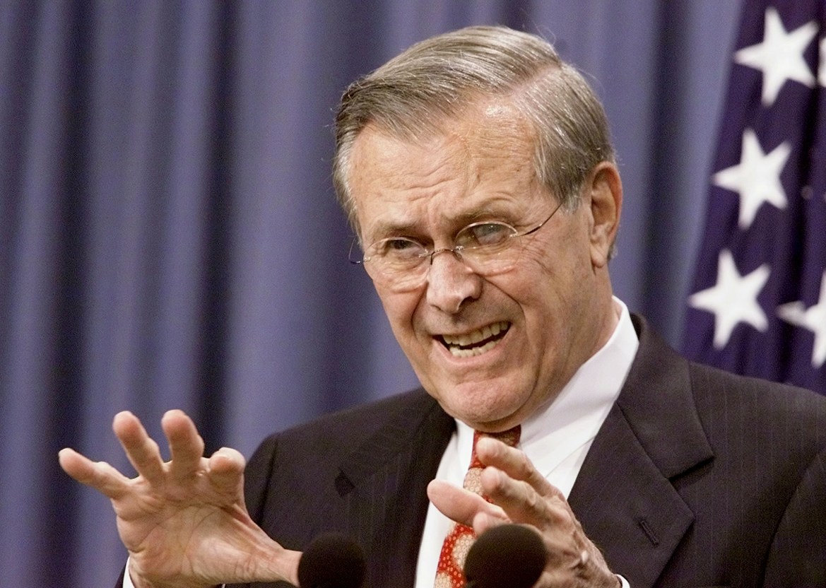 January 20, 2003 - "His regime has large, unaccounted-for stockpiles of chemical and biological weapons, including VX, sarin, mustard gas, anthrax, botulism and possibly smallpox. And he has an active programme to acquire and develop nuclear weapons." - Rumsfeld to the US to the Reserve Officers Association.