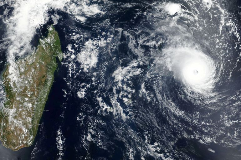 FILE PHOTO: Satellite imagery shows Tropical Cyclone Freddy approaching Madagascar in this undated satellite handout image obtained February 20, 2023. NASA Worldview/Handout via REUTERS THIS IMAGE HAS BEEN SUPPLIED BY A THIRD PARTY./File Photo