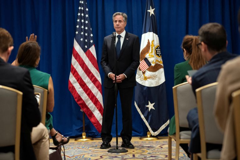 US Secretary of State Antony Blinken speaks at a news conference as he announces that five Americans who had been jailed for years in Iran have been freed, in New York, U.S. Sept. 18, 2023.