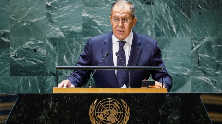 Russia's Foreign Minister Sergei Lavrov addresses the 78th Session of the U.N. General Assembly in New York City