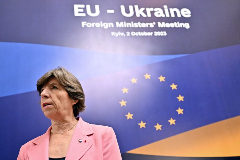 Minister for Europe and Foreign Affairs Catherine Colonna talks with the media prior to the EU-Ukraine Foreign Minister's meeting in Kyi