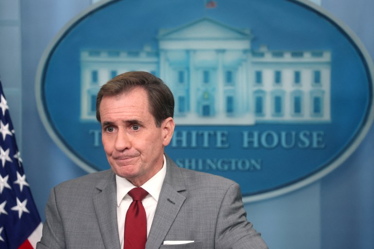 White House National Security Council Strategic Communications Coordinator John Kirby takes part in a press briefing held by White House