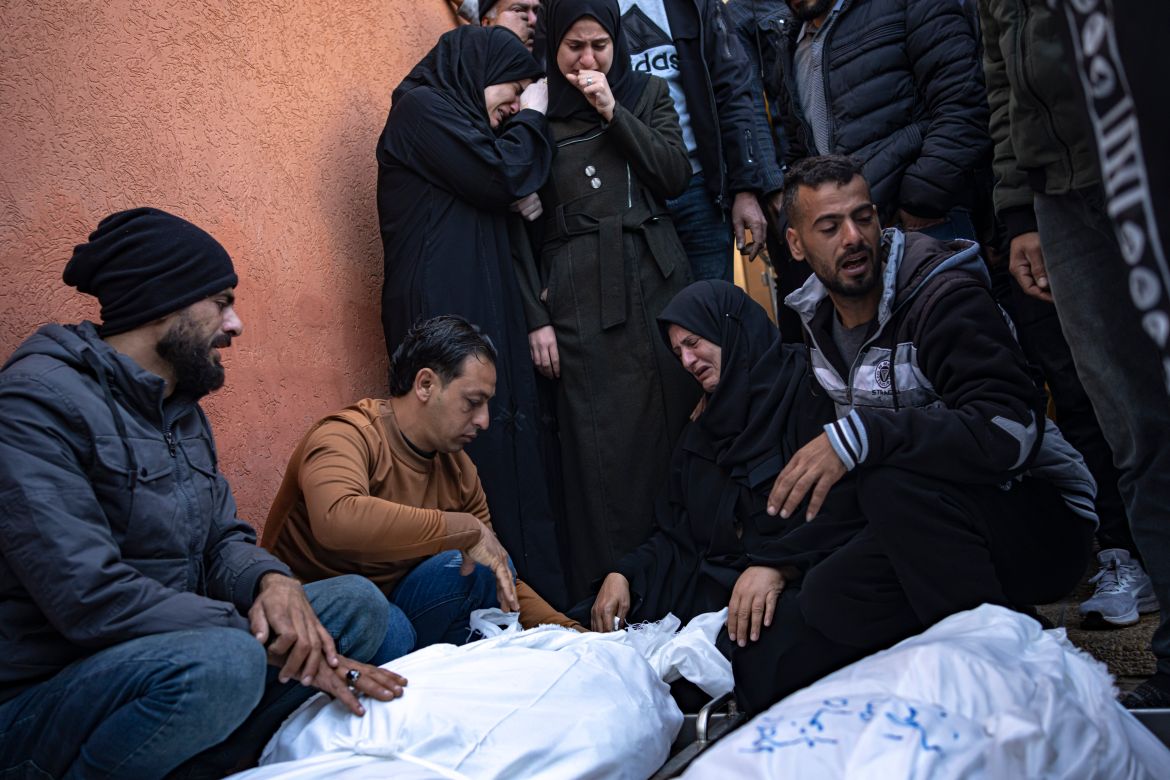 Palestinians mourn their relatives killed in the Israeli bombardment of the Gaza Strip, in the hospital in Khan Younis.