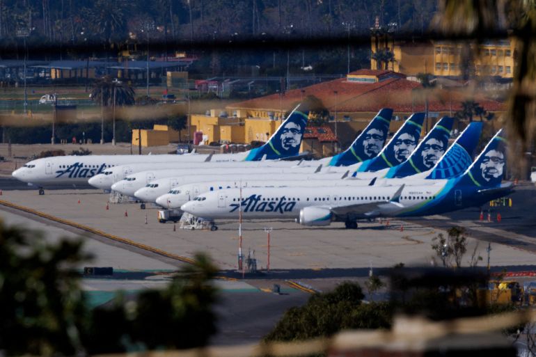 Alaska Airlines commercial airplanes are shown parked off to the side of the airport in San Diego, California, Calinforia, U.S. January 18, 2024, as the the National Transportation Safety Board continues its investigation of the Boeing 737 MAX 9 aircraft
