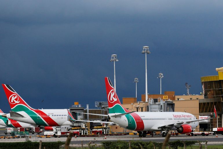 Kenya Airways planes are seen parked at the Jomo Kenyatta International airport near Kenya's capital Nairobi, April 28, 2016