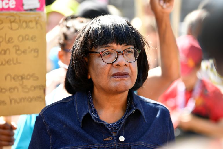 British Labour MP Diane Abbott takes part in a demonstration against racism outside Downing Street in London, Britain July 17, 2021. REUTERS/Beresford Hodge
