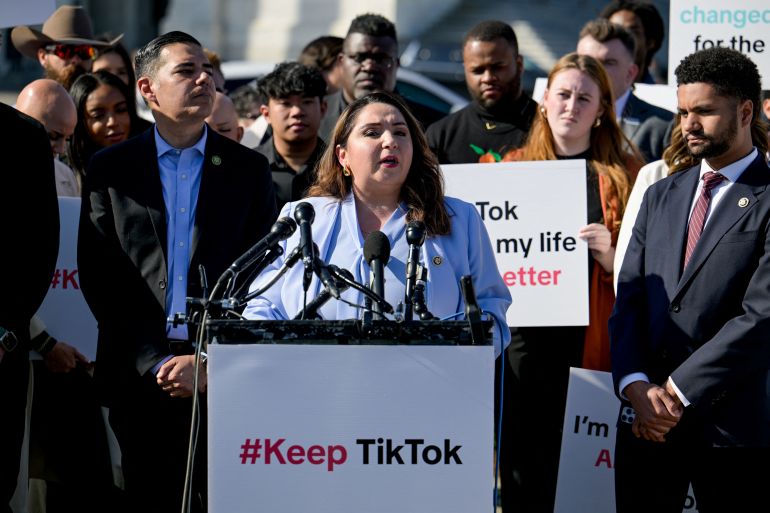 Congresswoman Delia Ramirez (D-IL) speaks as she is joined by fellow House members Rep. Robert Garcia (D-CA), Rep. Maxwell Frost (D-FL), Rep. Sara Jacobs (D-CA) and TikTok creators during a press conference to voice their opposition to the “Protecting Americans from Foreign Adversary Controlled Applications Act," pending crackdown legislation on TikTok in the House of Representatives, on Capitol Hill in Washington, US, March 12, 2024