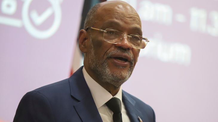 Haiti's Prime Minister Ariel Henry gives a public lecture at the United States International University (USIU) in Nairobi